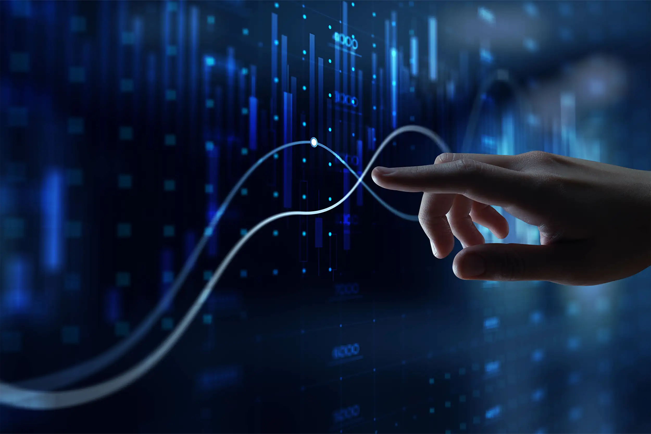 hand pointing to data graphic