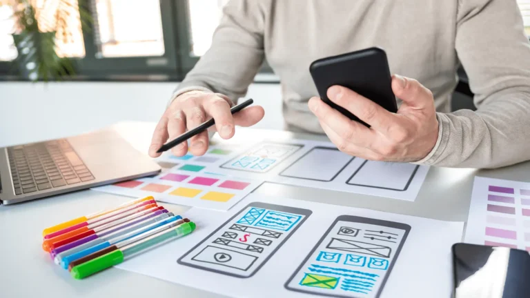 person with phone in hand looking at designs