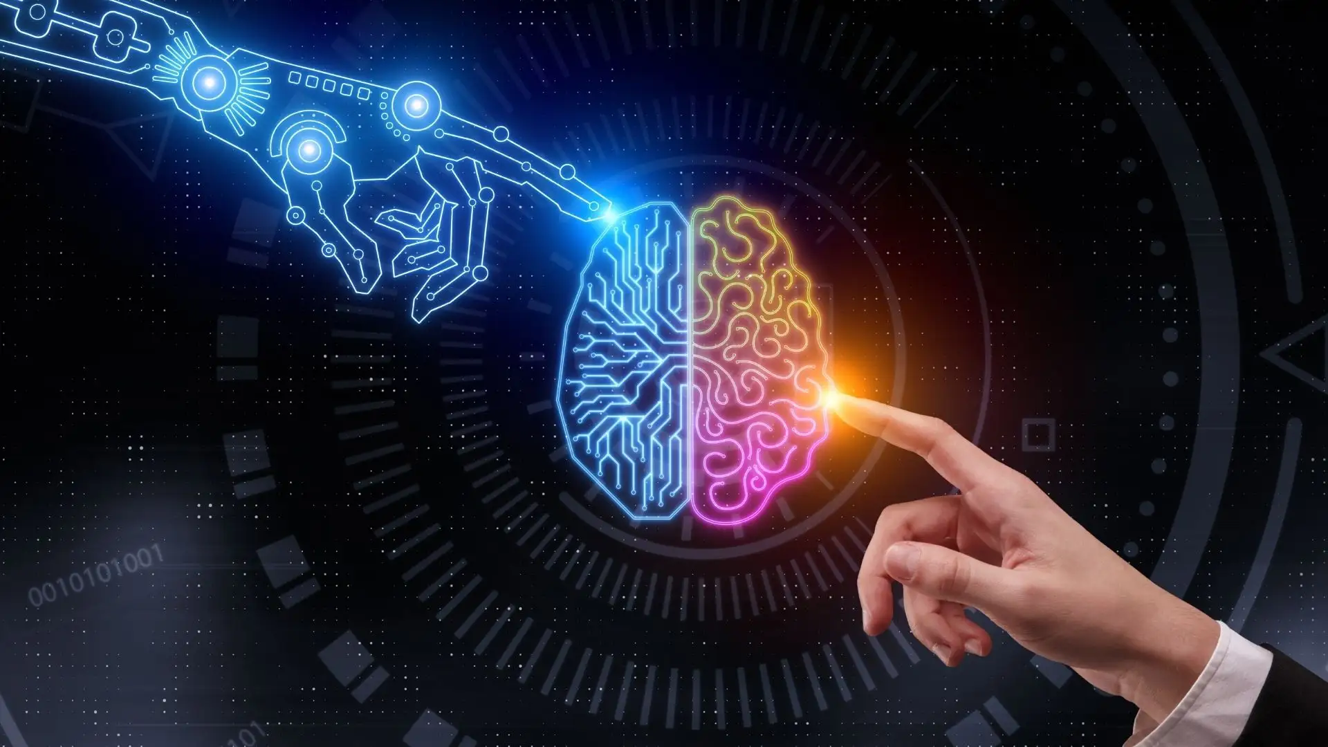 digital and human hands pointing to brain